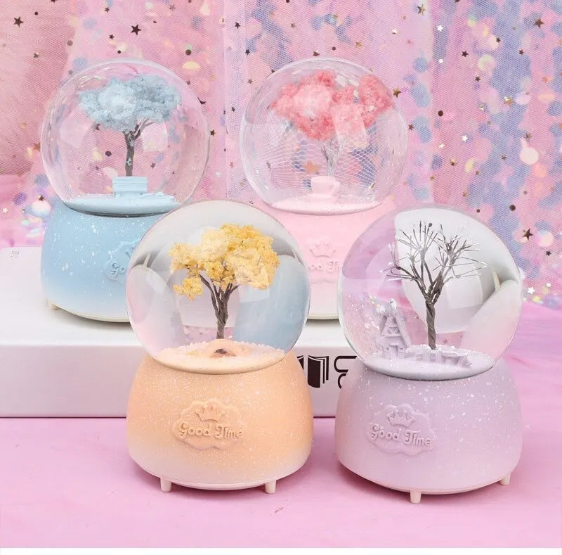 Creative Season Tree Snow Globe Crystal Ball Rotating Music Box for Home Decor