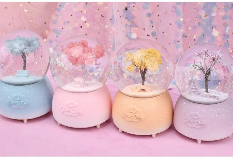 Creative Season Tree Snow Globe Crystal Ball Rotating Music Box for Home Decor