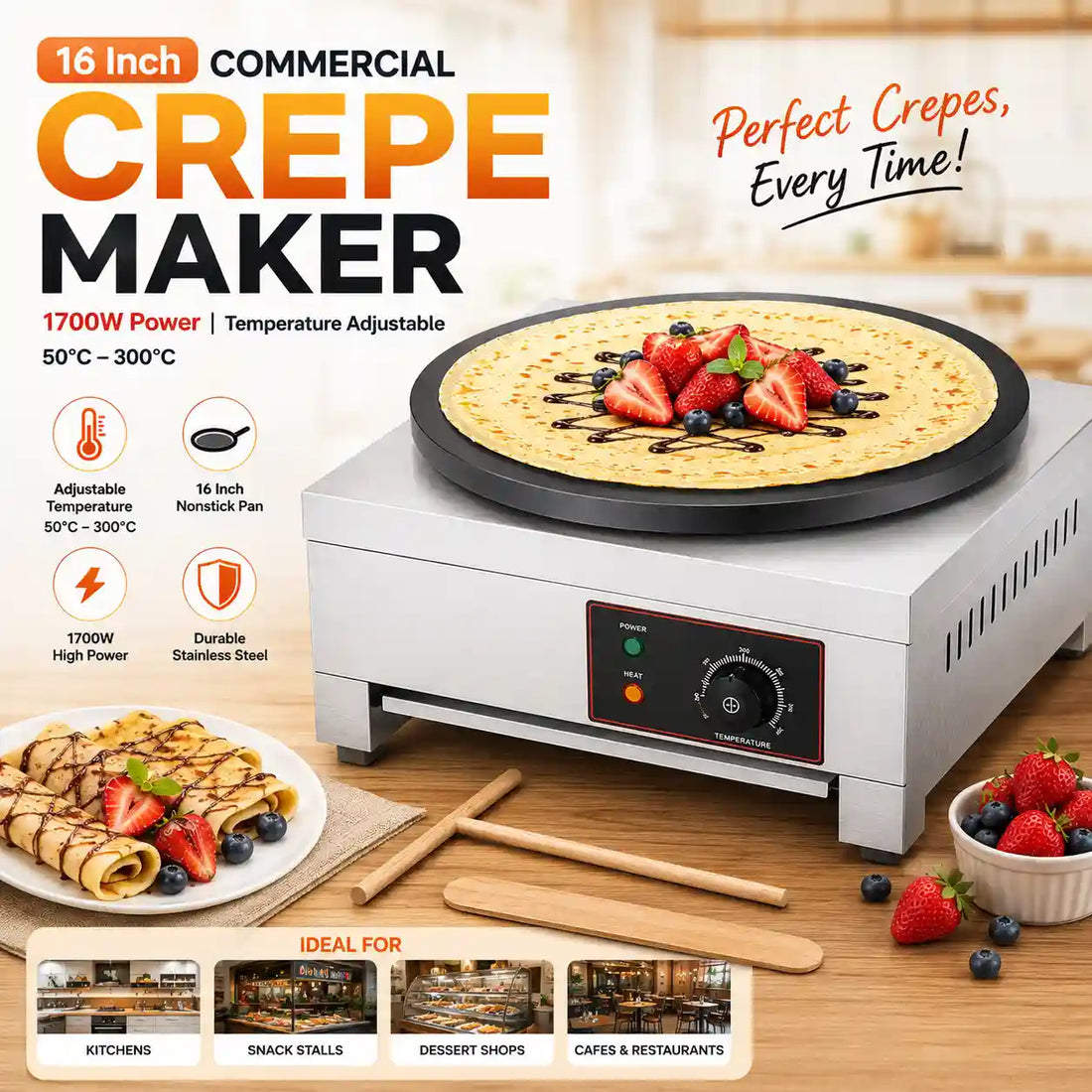 Stainless steel hot plate with cast iron cooking plate and 430 stainless steel body on a wooden surface.
