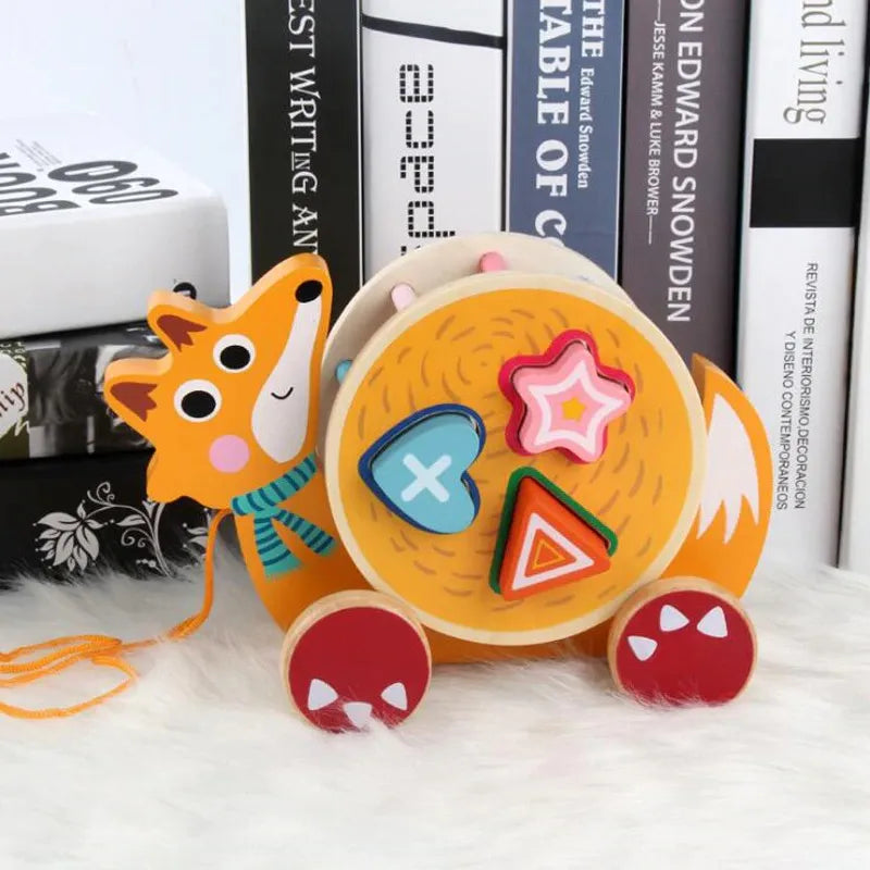 Cartoon Animal Building Block Trailer Wooden Pull Along Toy Early Educational Learning Blocks for Kids 3 Plus