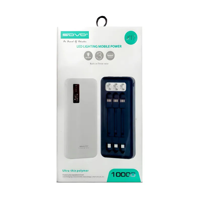 SOVO X17 10000mAh Power Bank with Built In 3 Cables Lightning Type-C Micro USB LED Flashlight