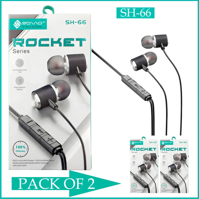 Pack of 2 SOVO SH-66 Rocket Immersive 3D Surround Wired Handsfree with Mic (Random Color)