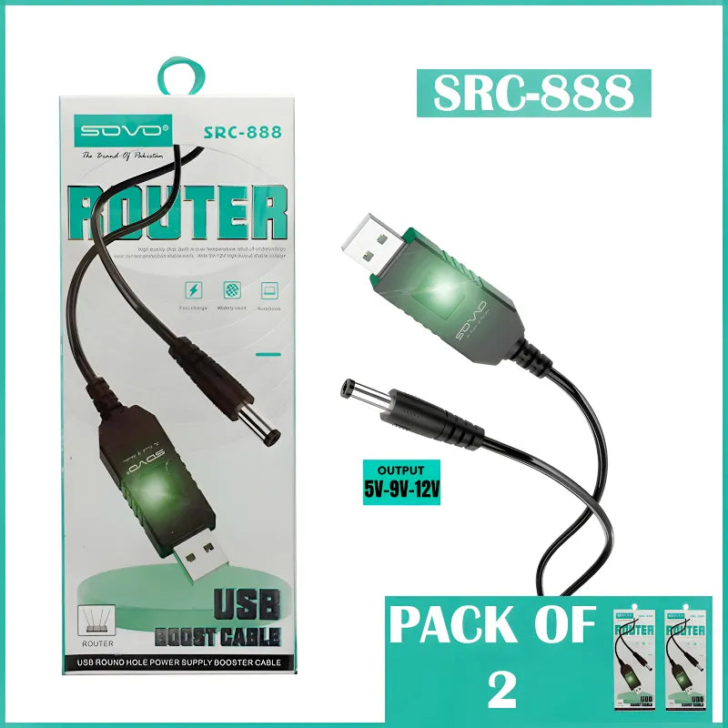 Pack of 2 SOVO SRC888 USB Boost Router Cables 5V to 12V Voltage Step Up Power Supply for WiFi Routers Modems