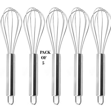 Pack of 5 Stainless Steel Whisk Non Stick Flexible Beater Manual Stirrers Set Silver 9.5 Inch