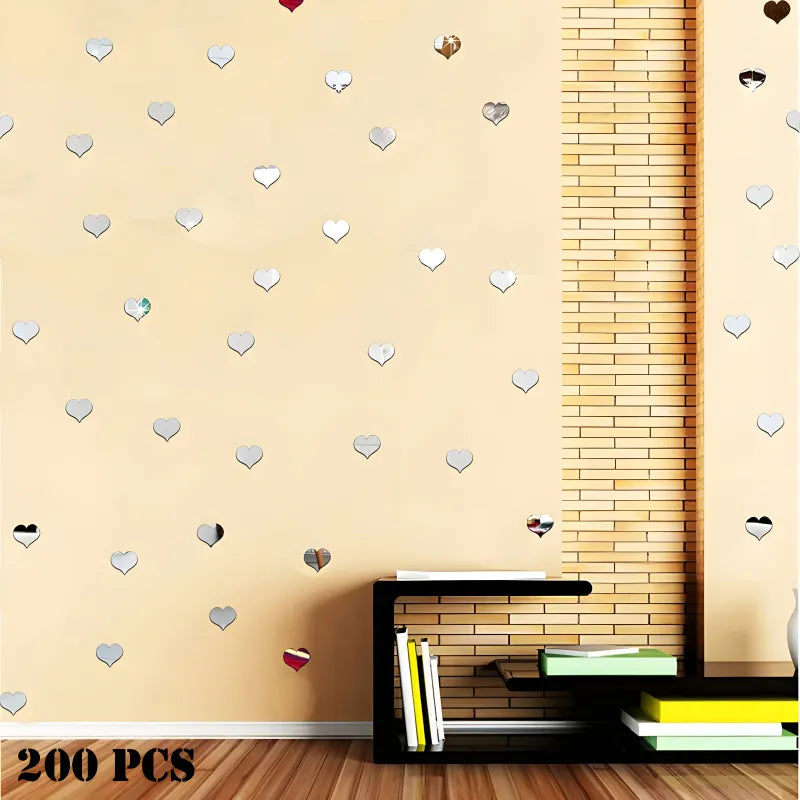 200 Pieces Mini 3D Heart Shaped Acrylic Mirror Wall Stickers for Decorative Home Enhancement and Modern Wall Decor