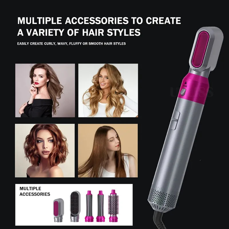 5 in 1 Hot Air Brush Hair Dryer Styler Negative Ion Straightener Curler Comb