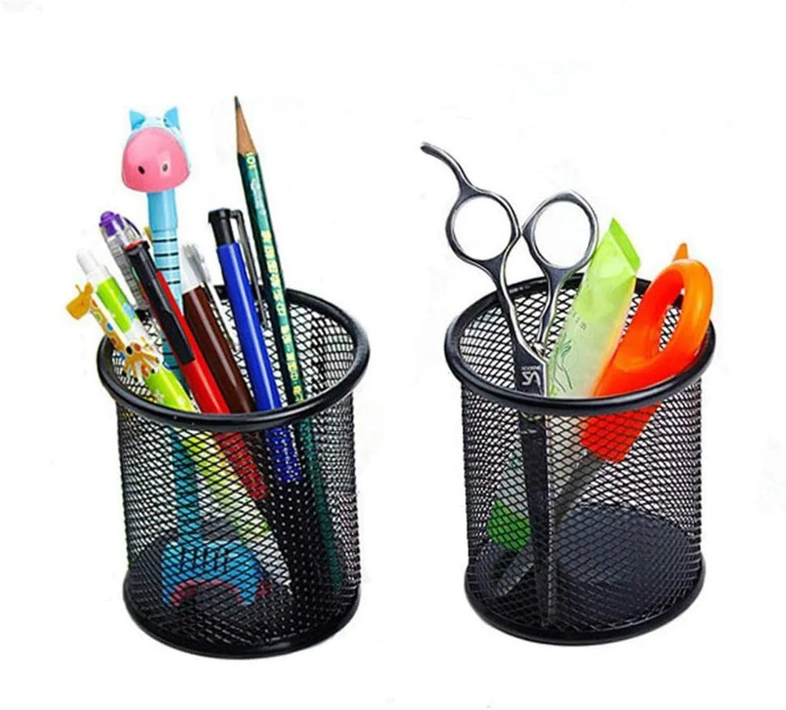 2-Piece Black Metal Mesh Pen Holder Modern Desk Organizer for Pens Pencils Rulers