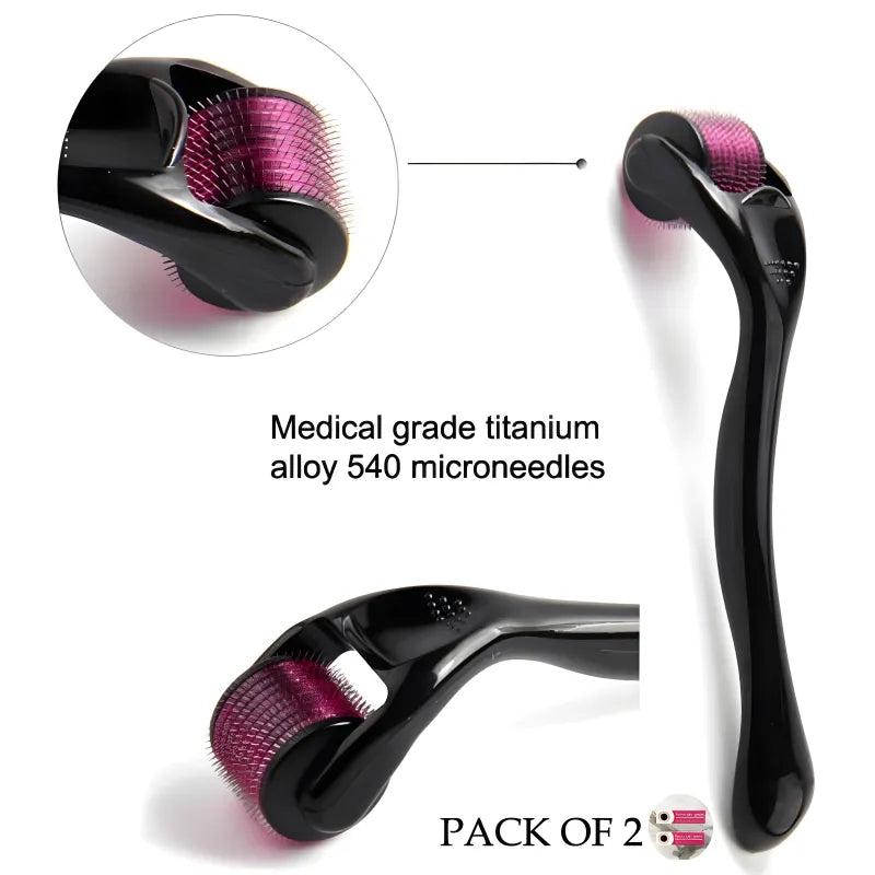 Pack of 2 0.5mm Multi Function Microneedle Derma Roller Facial Arm Neck Massage Skin Care Tools with 540 Titanium Needles for Anti Ageing and Collagen Stimulation