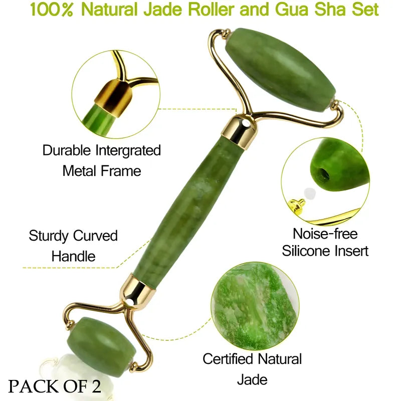Pack of 2 Contow Facial Roller and Massager for Anti Wrinkle and Puffy Eyes 100 Percent Natural Jade Stone Roller for Dark Circles and Skin Rejuvenation