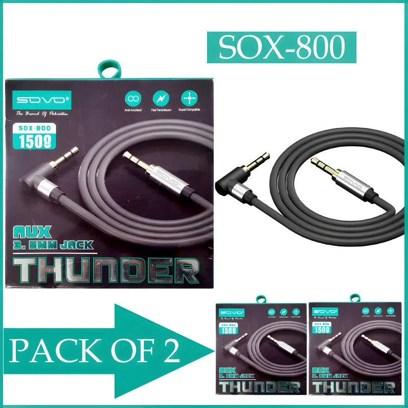 Pack of 2 SOVO SOX800 Thunder 3.5mm Aux Cable 1.5 Meter Anti Knotted Fast Transmission Stereo Audio Cable