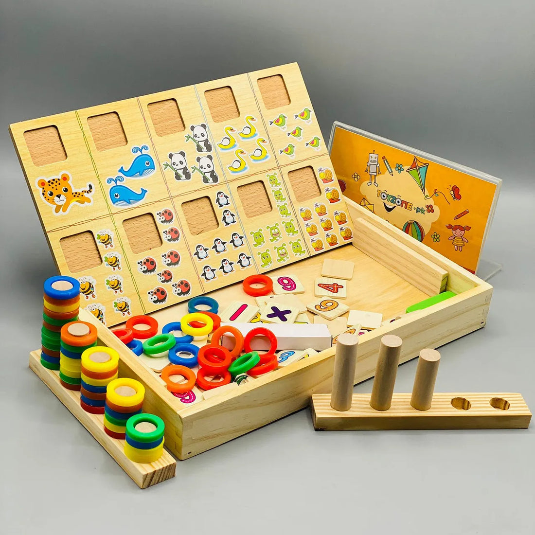 Multifunctional Wooden Donut Math Learning Box Montessori Counting Toy