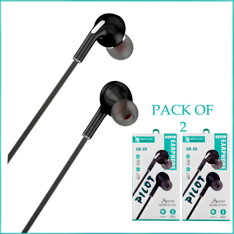 Pack of 2 SOVO SH33 Pilot High Fidelity Stereo Handsfree with Microphone Noise Reduction Comfort Fit Earphones
