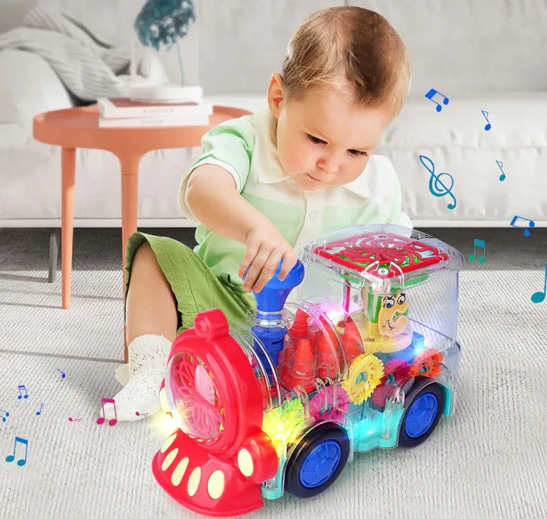 Electric Transparent Gear Train Toy with Colorful Lights and Music for Kids