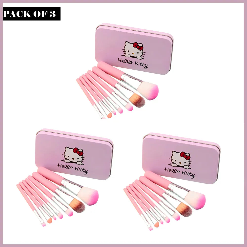 Pack of 3 Cute Hello Kitty 7-Piece Makeup Brush Kit with Premium Synthetic Bristles