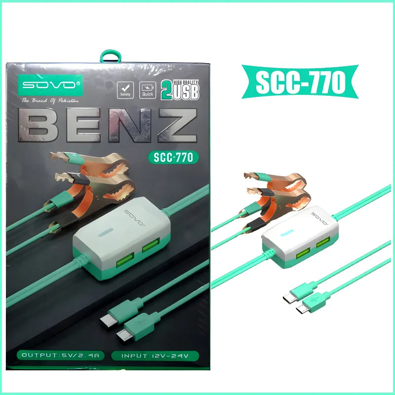 SOVO Benz SCC-770 Dual USB Clip Charger with LED Light 2.4A Fast Charging