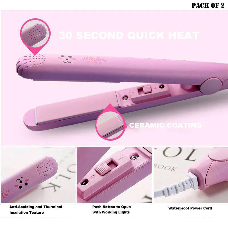 Pack of 2 Best Quality Mini Portable Hair Straighteners with Plastic Storage Cases and Ceramic Coated Plates for Quick Professional Hair Styling at Home and Travel
