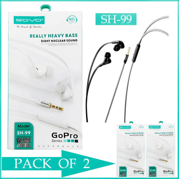 Pack of 2 SOVO SH99 GoPro Heavy Bass Wired Handsfree with Microphone Comfort Fit Stereo Earphones
