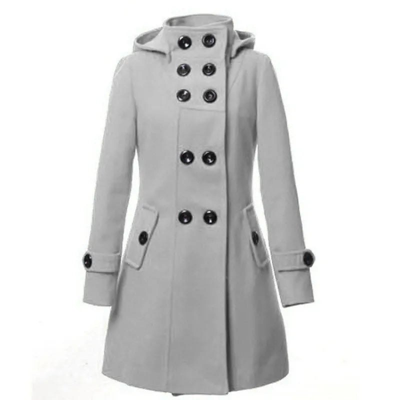 Women's Hooded Double Breasted Wool Trench Coat Long Winter Jacket