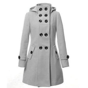 Women's Hooded Double Breasted Wool Trench Coat Long Winter Jacket