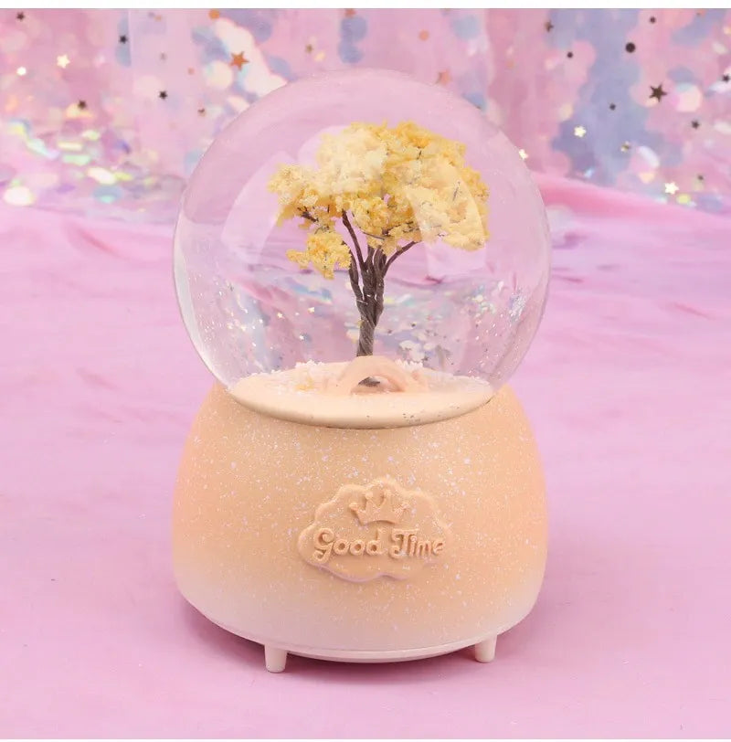 Crystal Snow Ball Music Box with Snowflake Light Resin Desk Decor