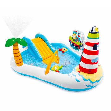 Fishing Fun Play Center Inflatable 57162 Kiddie Swimming Pool with Palm Tree Sprinkler, Slide, & Colored Balls - Al-Raheem Imports