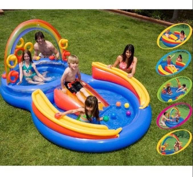 Intex 57453 Rainbow Ring Inflatable Paddling Pool for Children with Water Slide, Fun Ballz & Inflatable Rings - Al-Raheem Imports