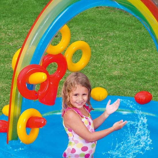 Intex 57453 Rainbow Ring Inflatable Paddling Pool for Children with Water Slide, Fun Ballz & Inflatable Rings - Al-Raheem Imports