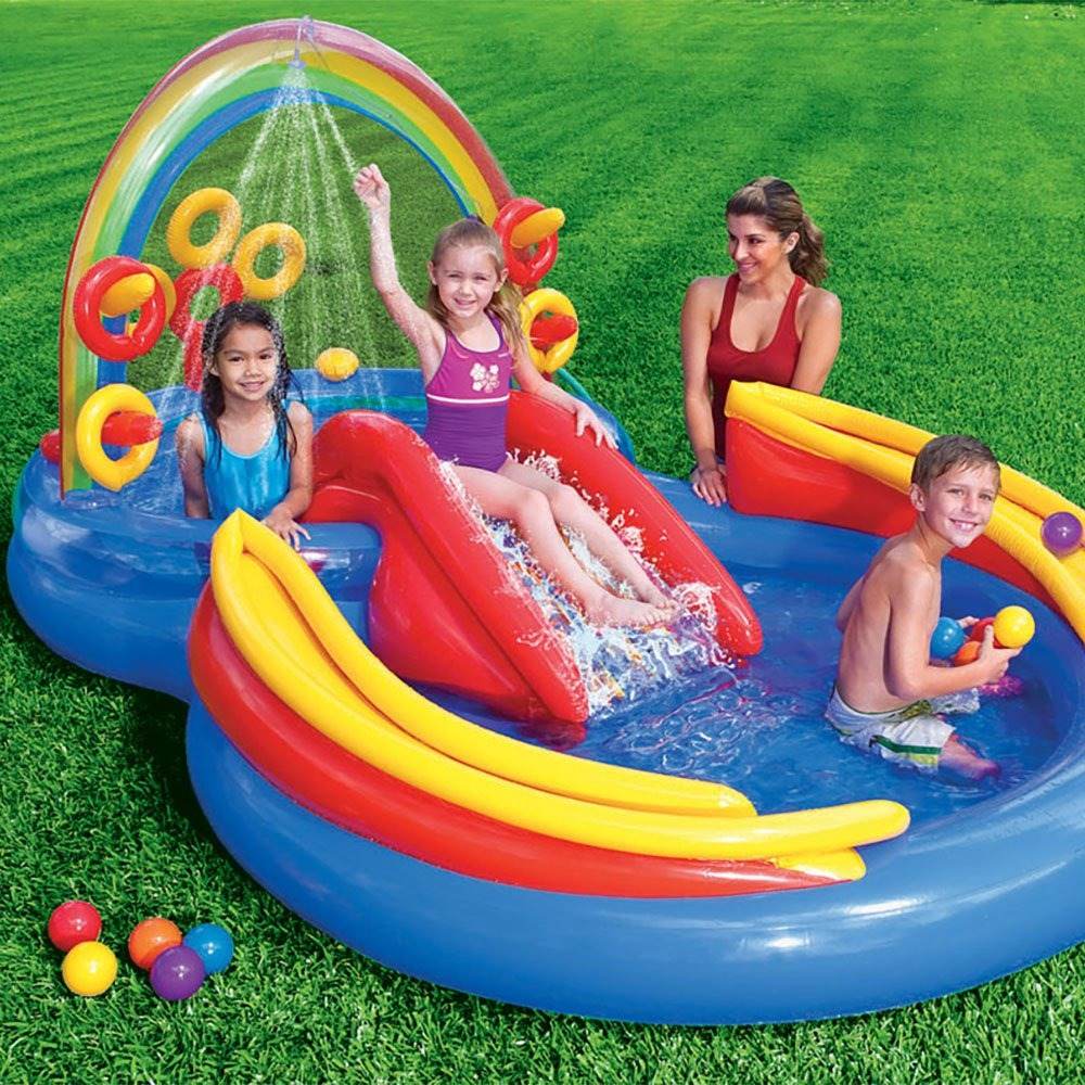 Intex 57453 Rainbow Ring Inflatable Paddling Pool for Children with Water Slide, Fun Ballz & Inflatable Rings - Al-Raheem Imports