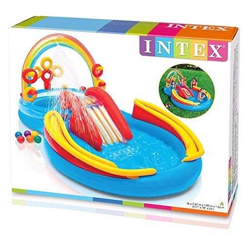 Intex 57453 Rainbow Ring Inflatable Paddling Pool for Children with Water Slide, Fun Ballz & Inflatable Rings - Al-Raheem Imports