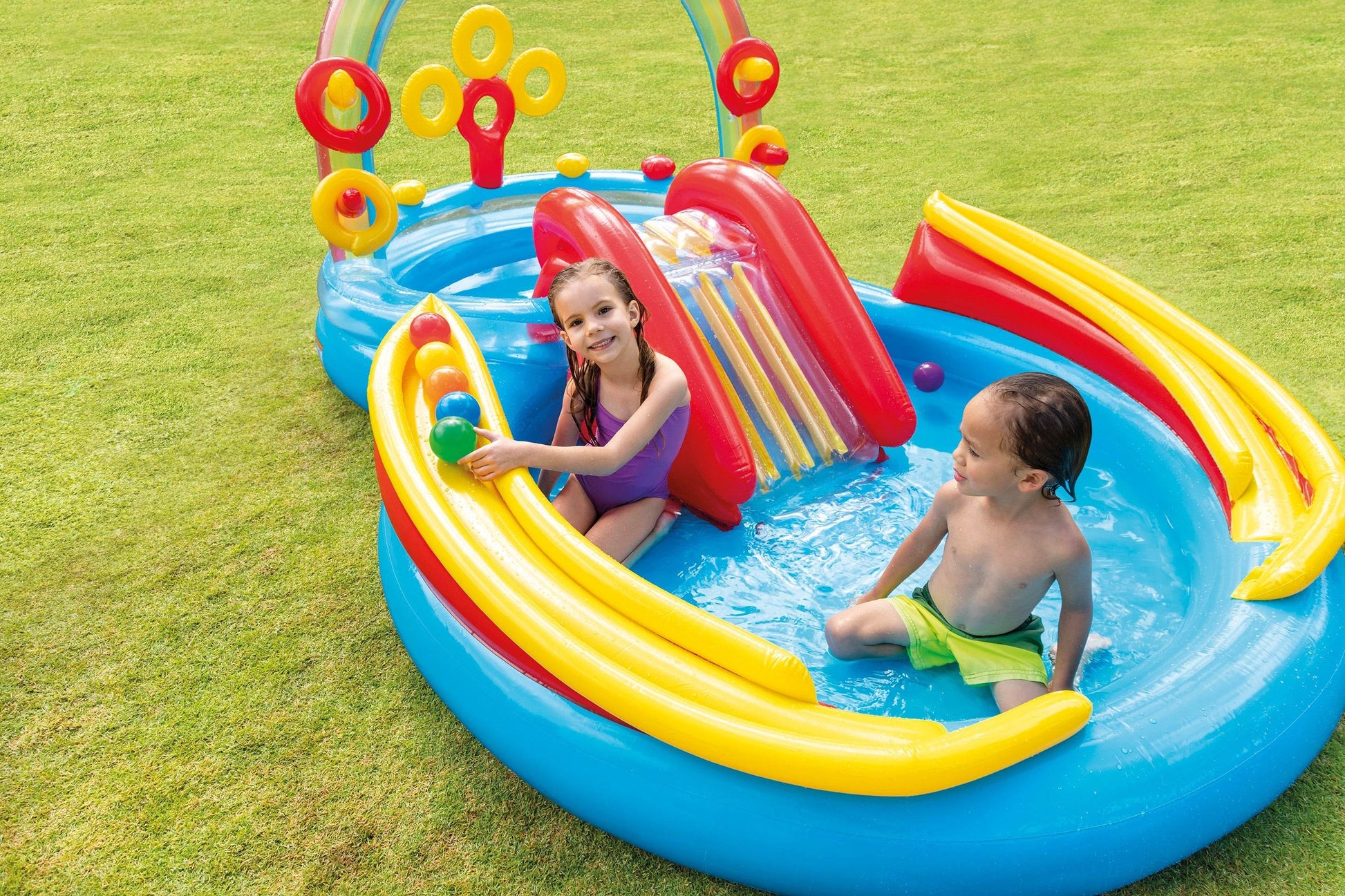 Intex 57453 Rainbow Ring Inflatable Paddling Pool for Children with Water Slide, Fun Ballz & Inflatable Rings - Al-Raheem Imports