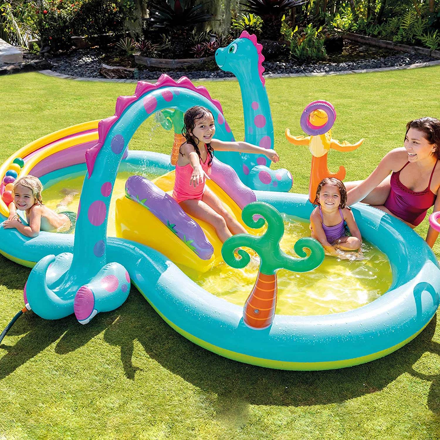 Intex 57135 Dinoland Inflatable Paddling Pool Play Center with Dino Arch Sprayer and Fun Ball Games - Al-Raheem Imports