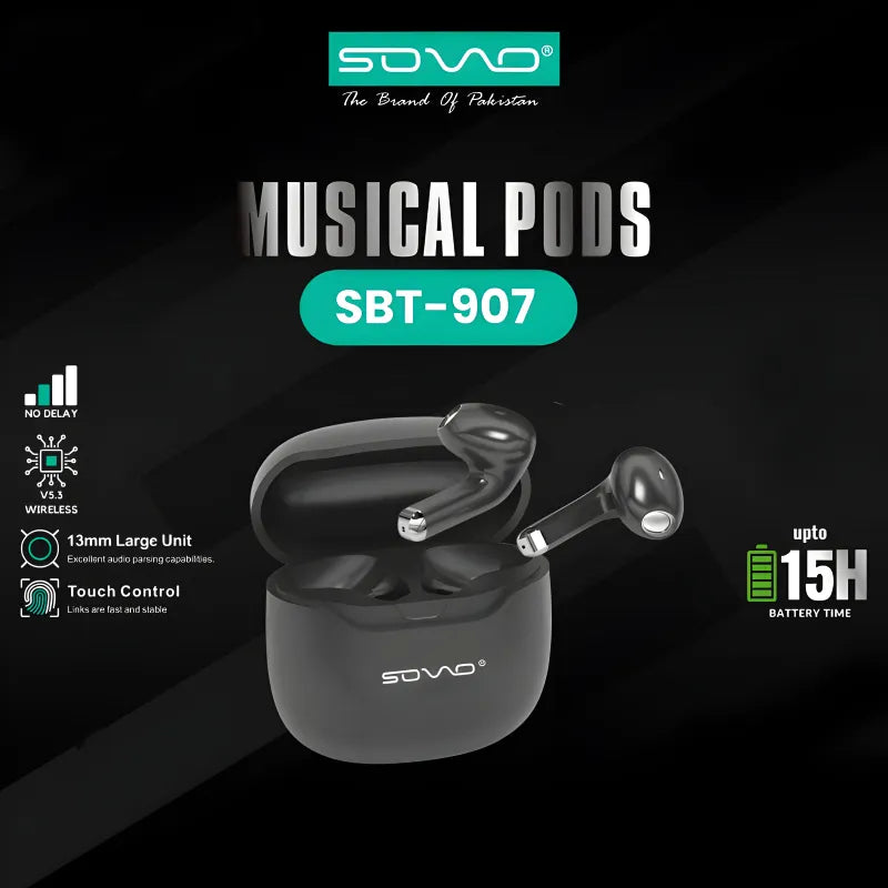SOVO SBT-907 Heavy Bass Wireless Earbuds with ENC Noise Cancellation V5.3 Zero Lag for Gaming Music