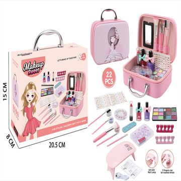 Girls Pretend Makeup Kit with USB Fast-Drying Nail Dryer & 20+ Washable Accessories
