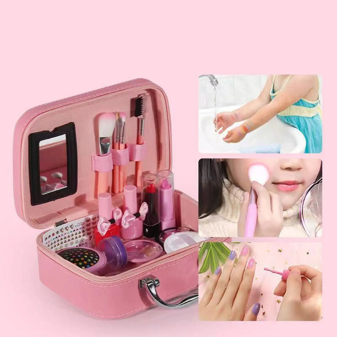 Girls Pretend Makeup Kit with USB Fast-Drying Nail Dryer & 20+ Washable Accessories