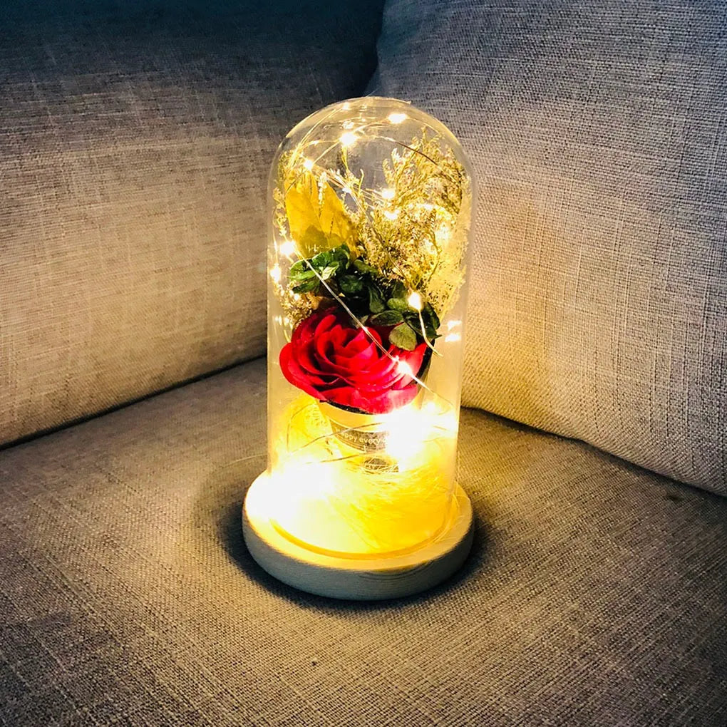 Premium LED Rose Night Light with Glass Shade and String Lights for Home Decor
