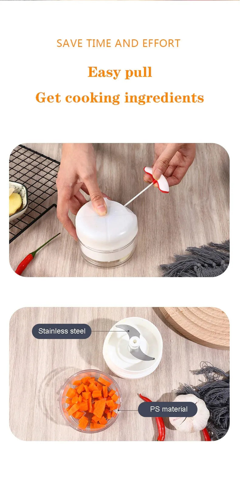 Mini Manual Food Chopper Garlic Grinder 170ml Pull Cord Vegetable Processor Handheld Multi Function Kitchen Tool