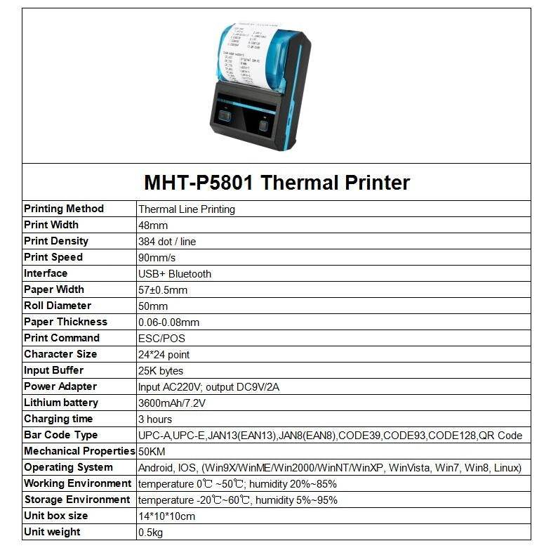 MHT-P5801 48mm Mini Portable Bluetooth Thermal Receipt Printer - Al-Raheem Imports