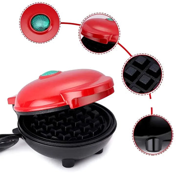 Compact 4 Inch Non Stick 350 Watt Electric Mini Waffle Maker Machine with PFOA Free Coating and Ready Indicator Light for Quick Breakfasts Red and Black