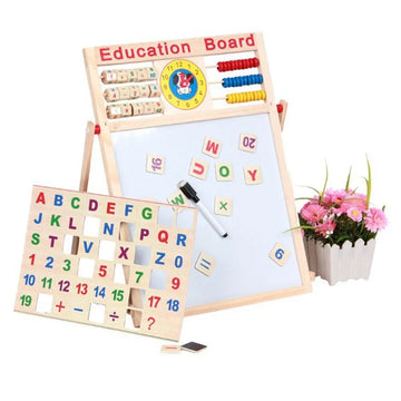 Wooden 2-in-1 Foldable Drawing Blackboard & Whiteboard with Abacus, Clock & Learning Stickers