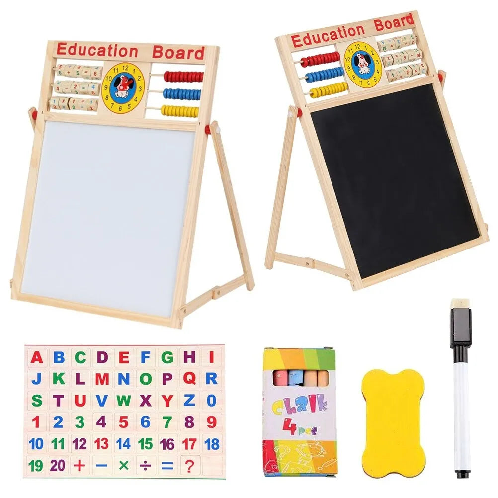 Wooden 2-in-1 Foldable Drawing Blackboard & Whiteboard with Abacus, Clock & Learning Stickers