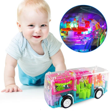 Mini Automatic Flashing Transparent Gear Bus Toy with LED Lights and Music