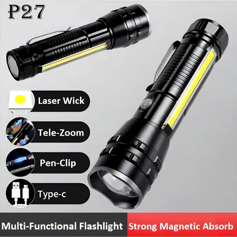 P27 LED COB Multi Functional Tactical Metal Flashlight With Telescopic Zoom and USB Type C Charging Magnetic Base and Waterproof Design
