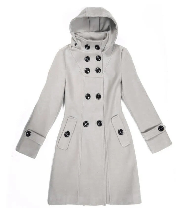 Women's Hooded Double Breasted Wool Trench Coat Long Winter Jacket