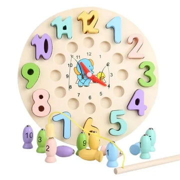Wooden Fishing Clock Montessori Learning Toy 4 in 1 Educational Playset