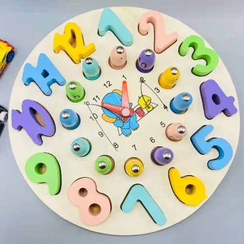 Wooden Fishing Clock Montessori Learning Toy 4 in 1 Educational Playset