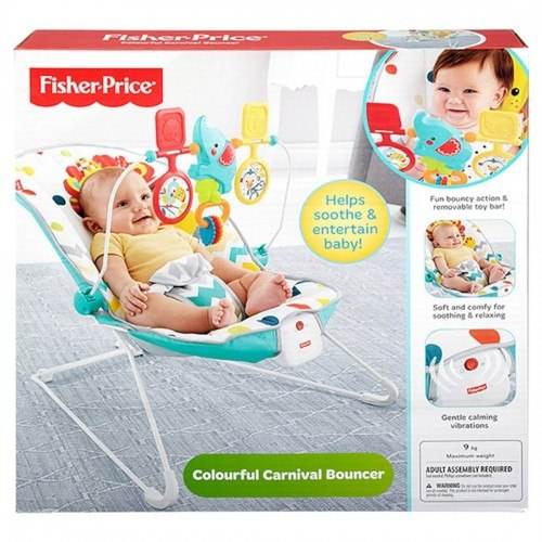 Fisher-Price Colourful Carnival Bouncer, Soothing Vibrations & Entertaining Toys for Baby, Soft Padded Seat with Removable Toy Bar - Al-Raheem Imports