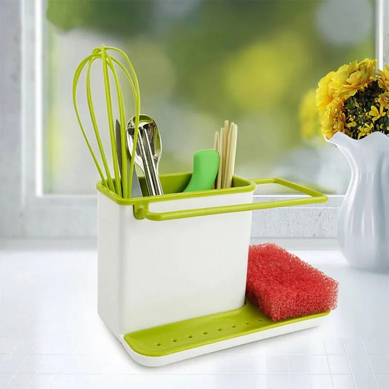 3 in 1 Kitchen Sink Caddy Organizer with Draining Tray Sponge Holder Towel Rack Storage