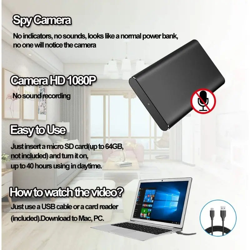 Mini HD Portable 10000mAh Lightweight Camera Power Bank with Night Vision Full HD Video and Motion Detection
