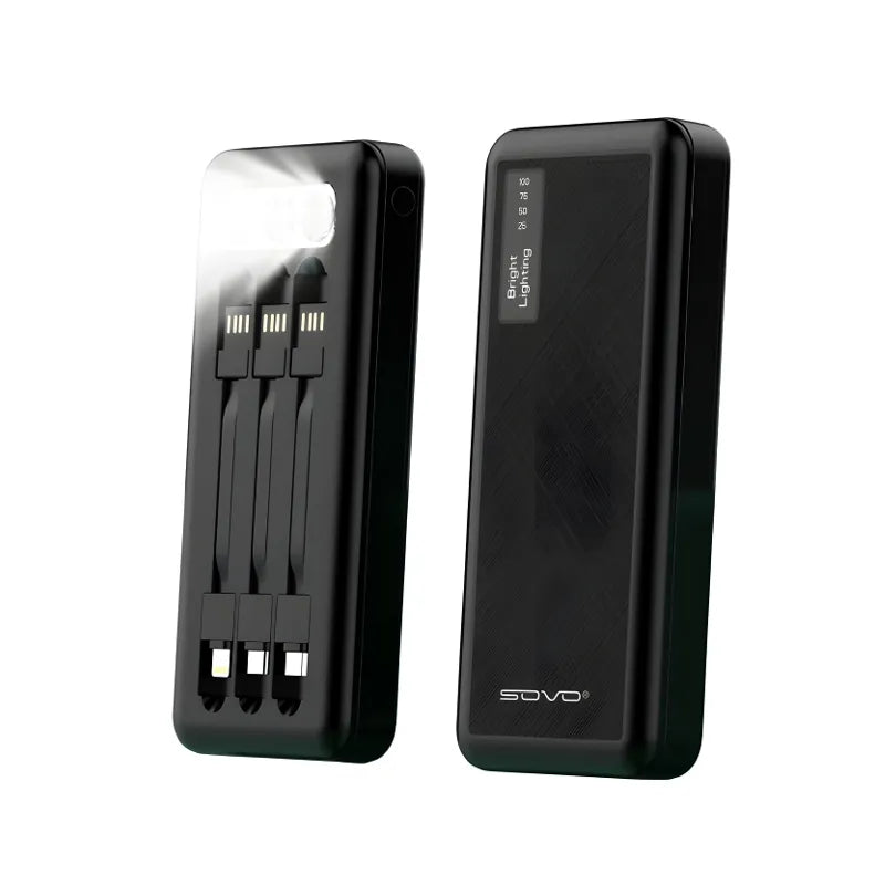 SOVO X17 10000mAh Power Bank with Built In 3 Cables Lightning Type-C Micro USB LED Flashlight