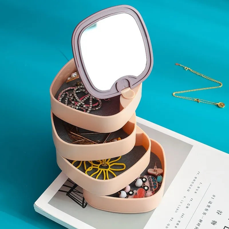 Portable Rotating Jewelry Organizer Box with Mirror 4 Layer Stackable Storage for Rings Earrings Necklaces Travel Home
